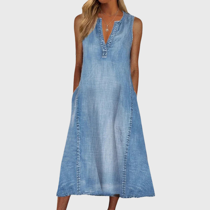 Sleeveless V-Neck Denim Midi Dress