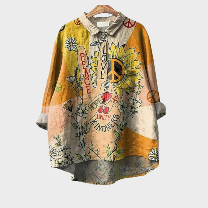 Elegant Summer Blouse in Ochre Sunflower Peace