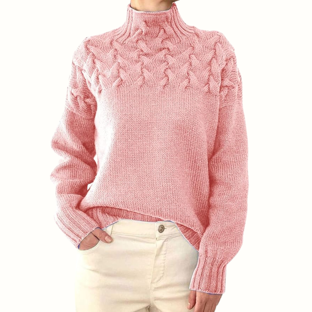 Brown Cable Knit High-Neck Jumper Light Pink, studio photo