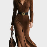 Retro Suede Midi Dress with Western Collar and Split