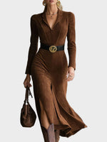 Retro Suede Midi Dress with Western Collar and Split