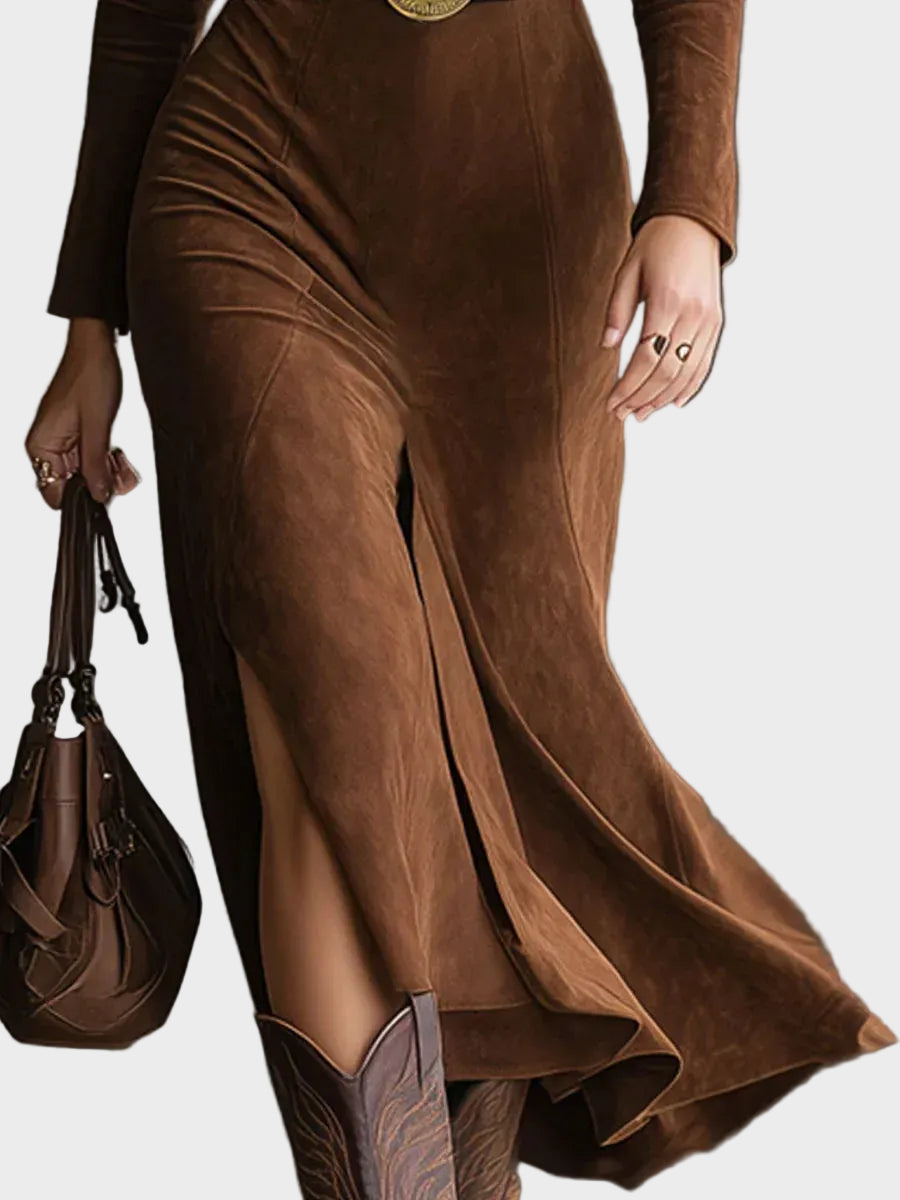 Retro Suede Midi Dress with Western Collar and Split