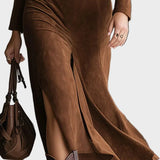 Retro Suede Midi Dress with Western Collar and Split