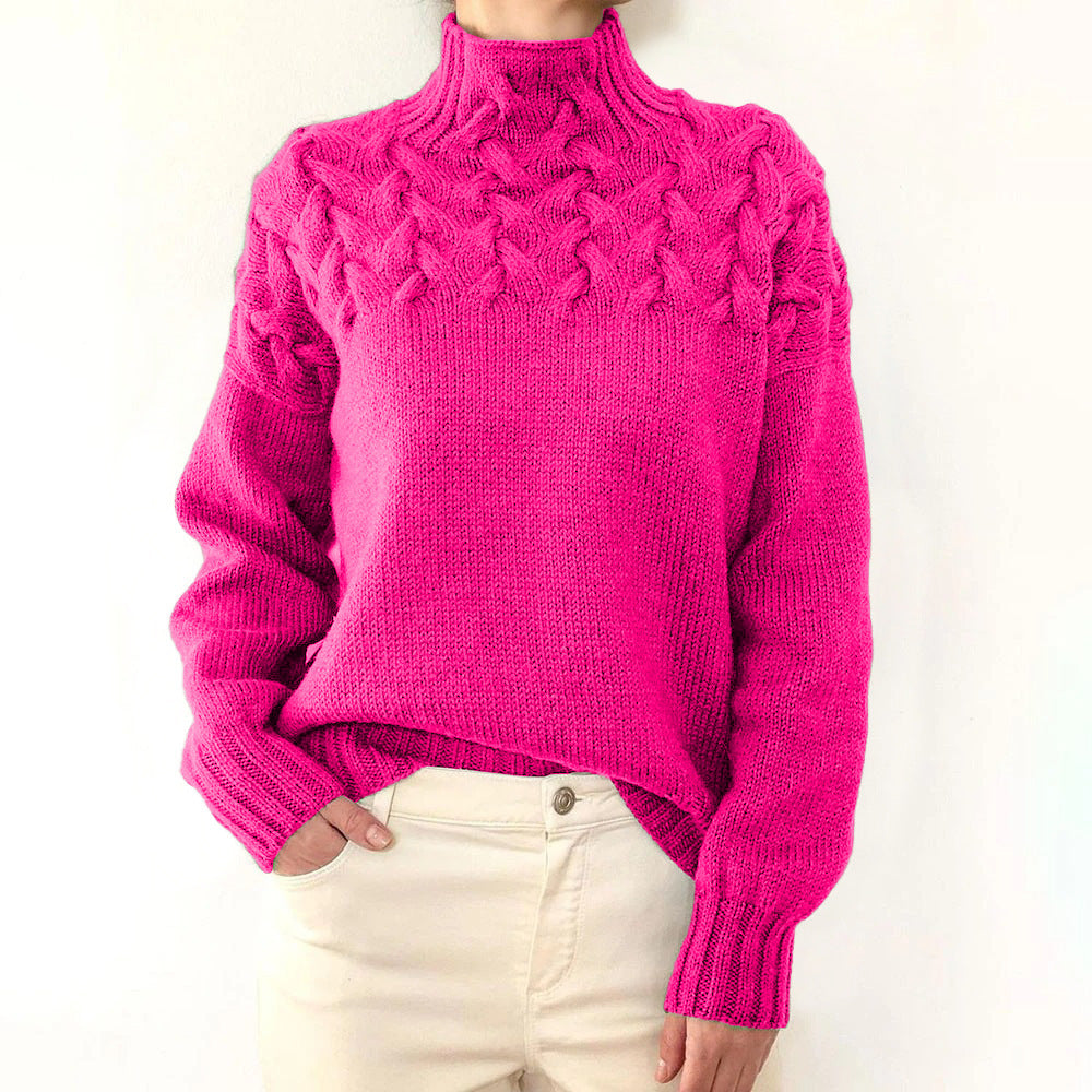 Brown Cable Knit High-Neck Jumper Pink, studio photo