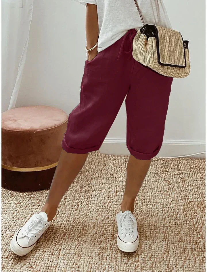 Aleah Elegant Linen-Cotton Trousers Wine Red, photo studio