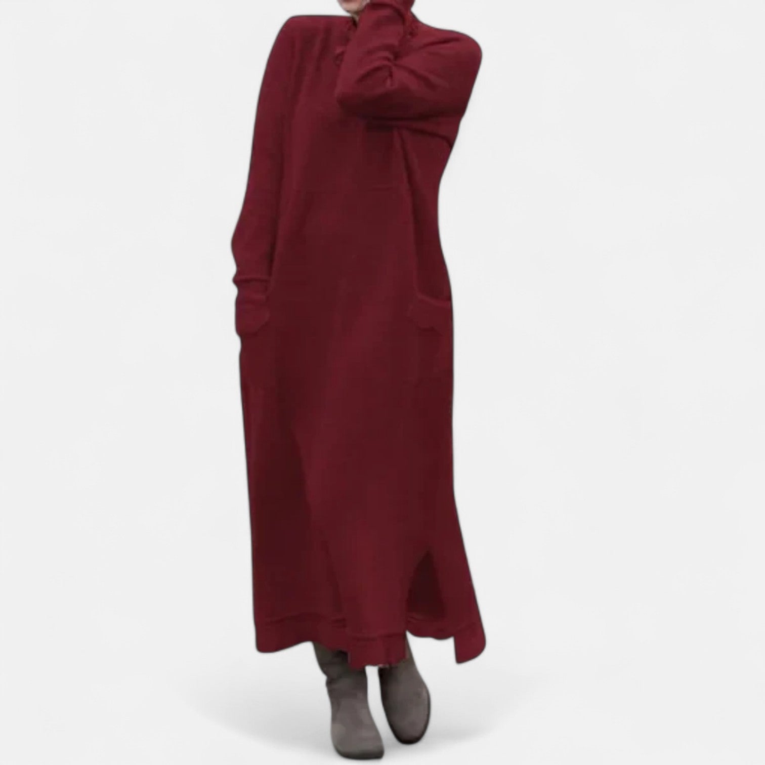 Clancy | Long Knit High-Neck Dress with Pockets Red, studio photo