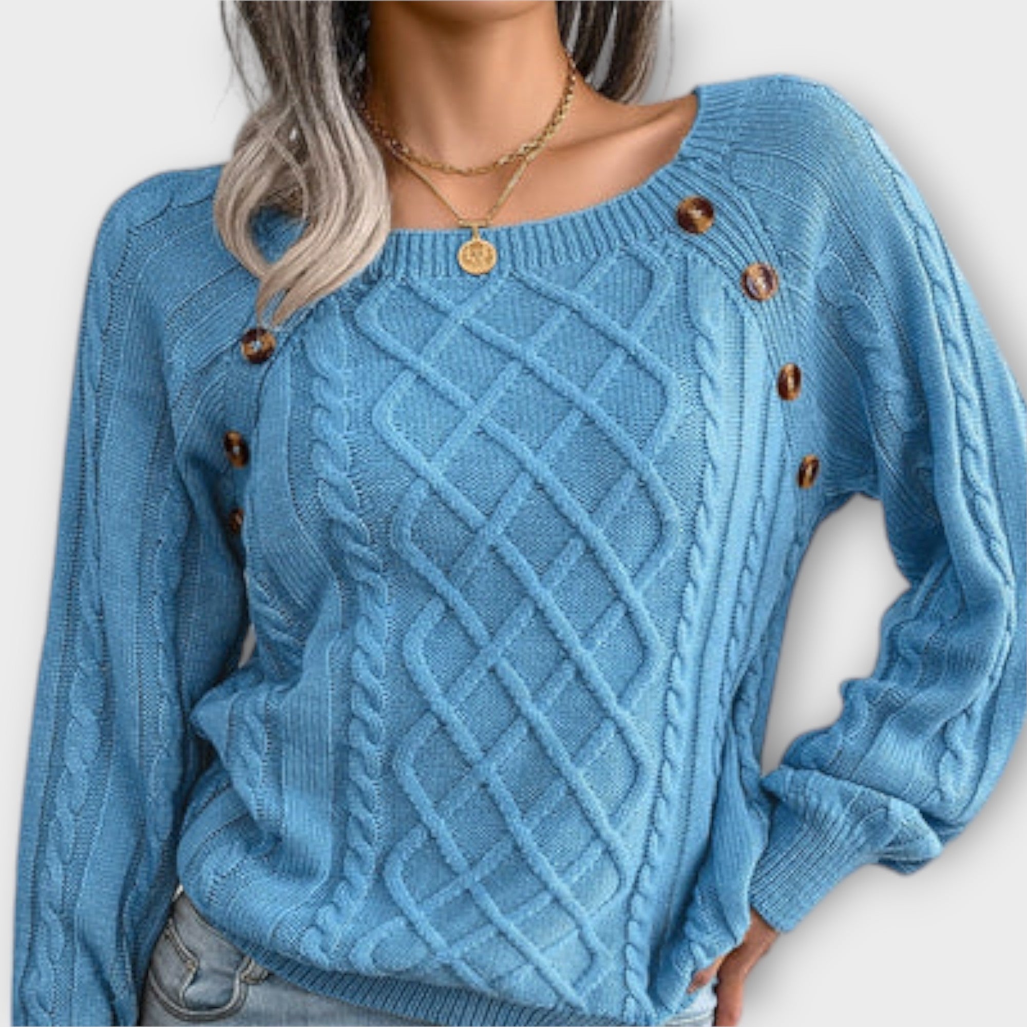 Button Cable Knit Jumper Blue, studio photo
