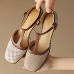 Perforated Leather Heeled T-Bar Shoes