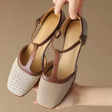 Perforated Leather Heeled T-Bar Shoes