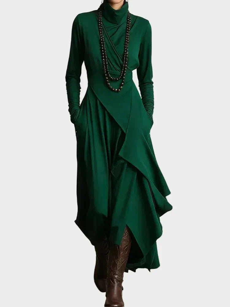 Tessie | Asymmetric Knit Turtleneck Maxi Dress Green, photo studio