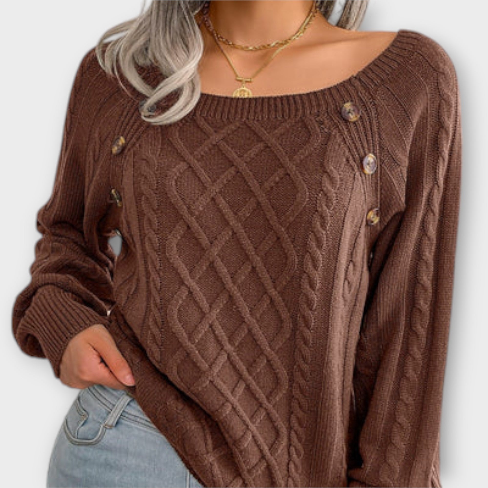 Button Cable Knit Jumper Brown, studio photo