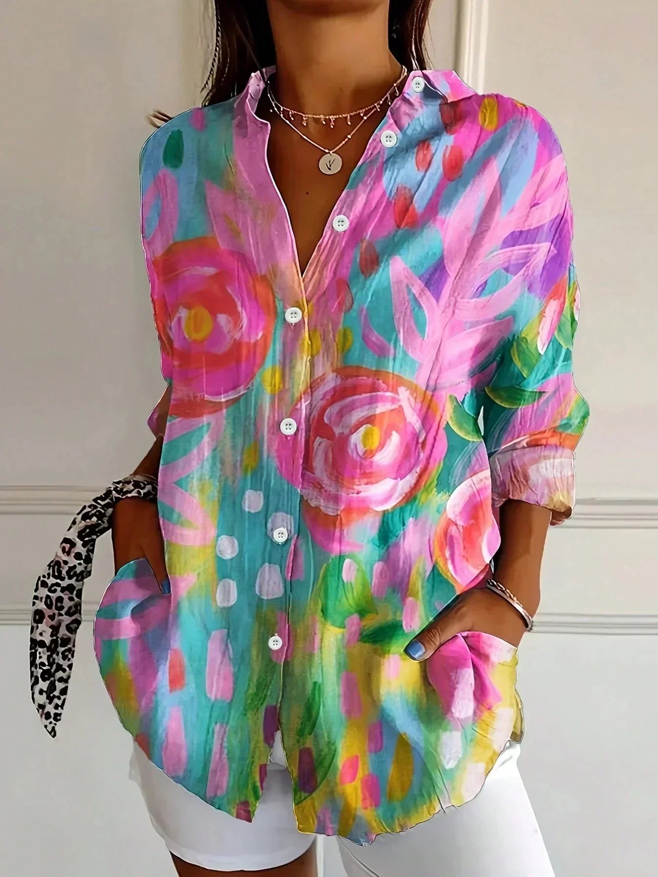 Rowena | Colourful Print Blouse Pink, studio photo