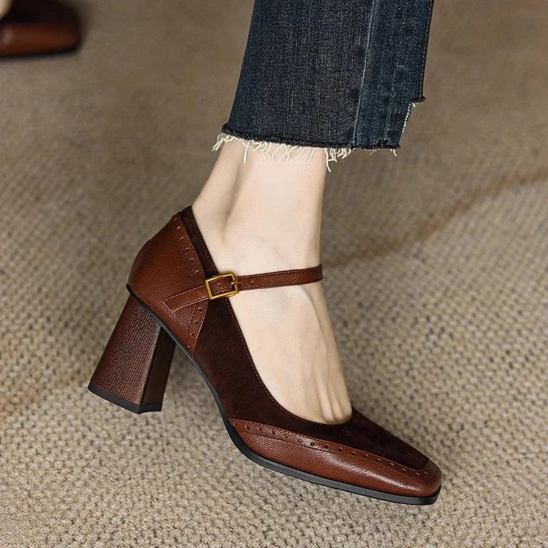 Block-Heel Mary Jane Pumps Brown, studio photo