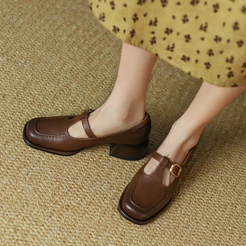 Vintage Square-Toe Leather T-Bar Shoes Brown, studio photo