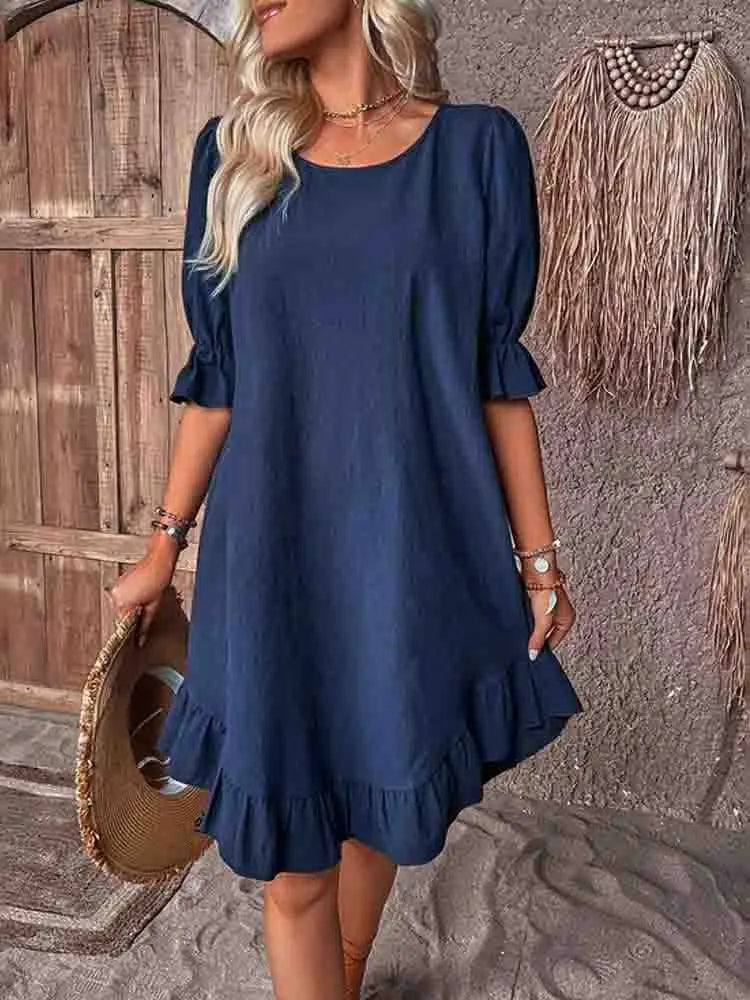 Iona | On-Trend Short Dress Navy, studio photo