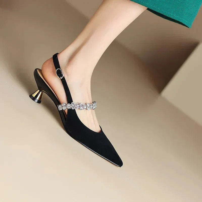 Pointed Rhinestone-Strap Pumps