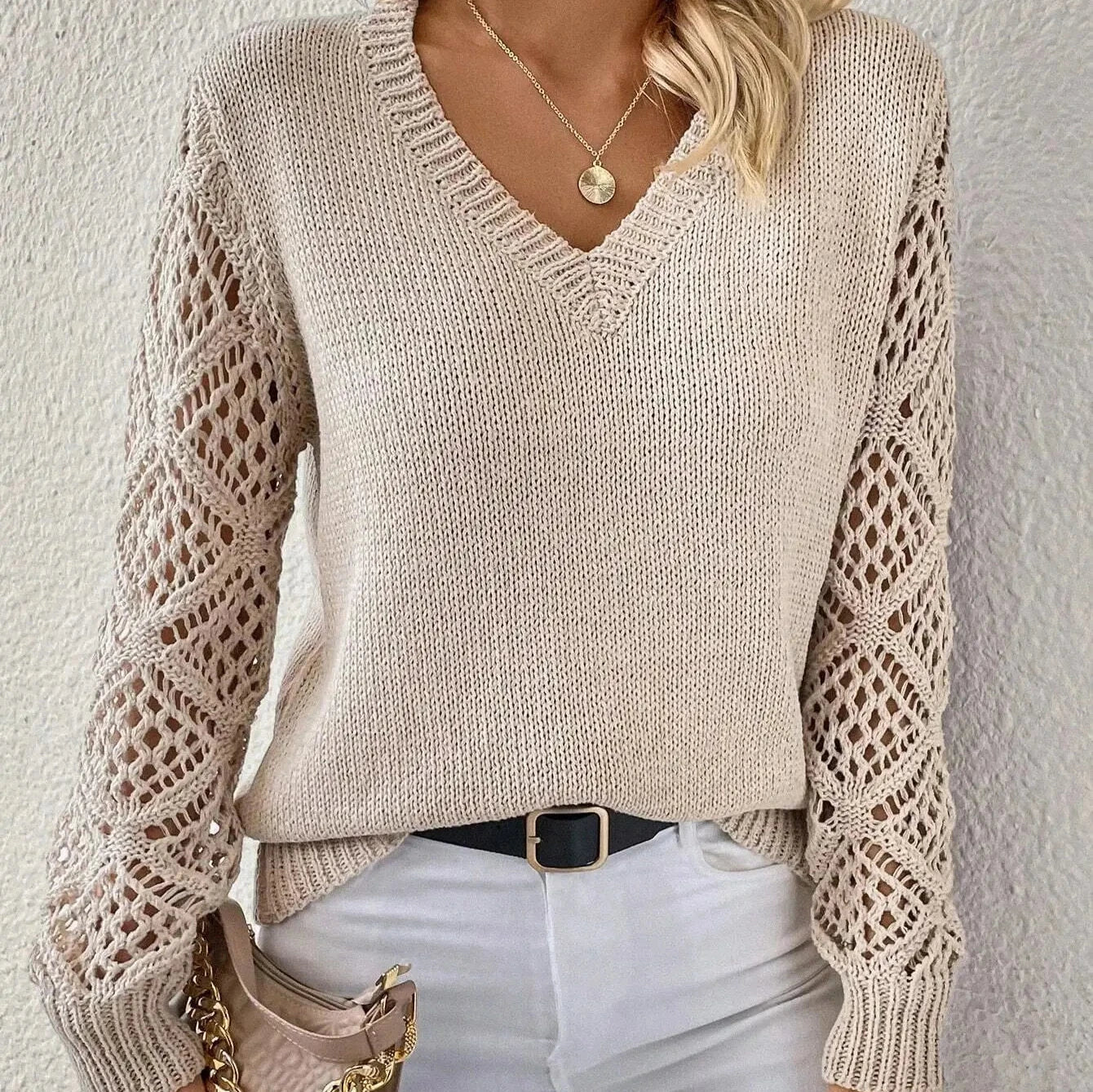 Openwork Sleeve V-Neck Jumper Beige, studio photo