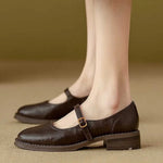 Brown Low-Heel Leather Mary Janes