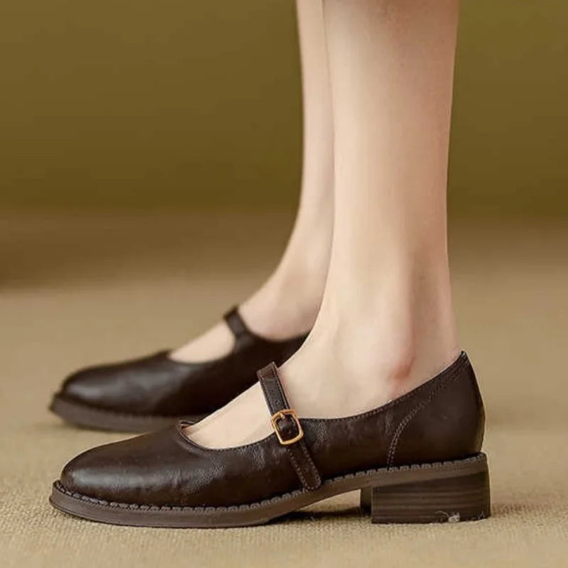 Brown Low-Heel Leather Mary Janes
