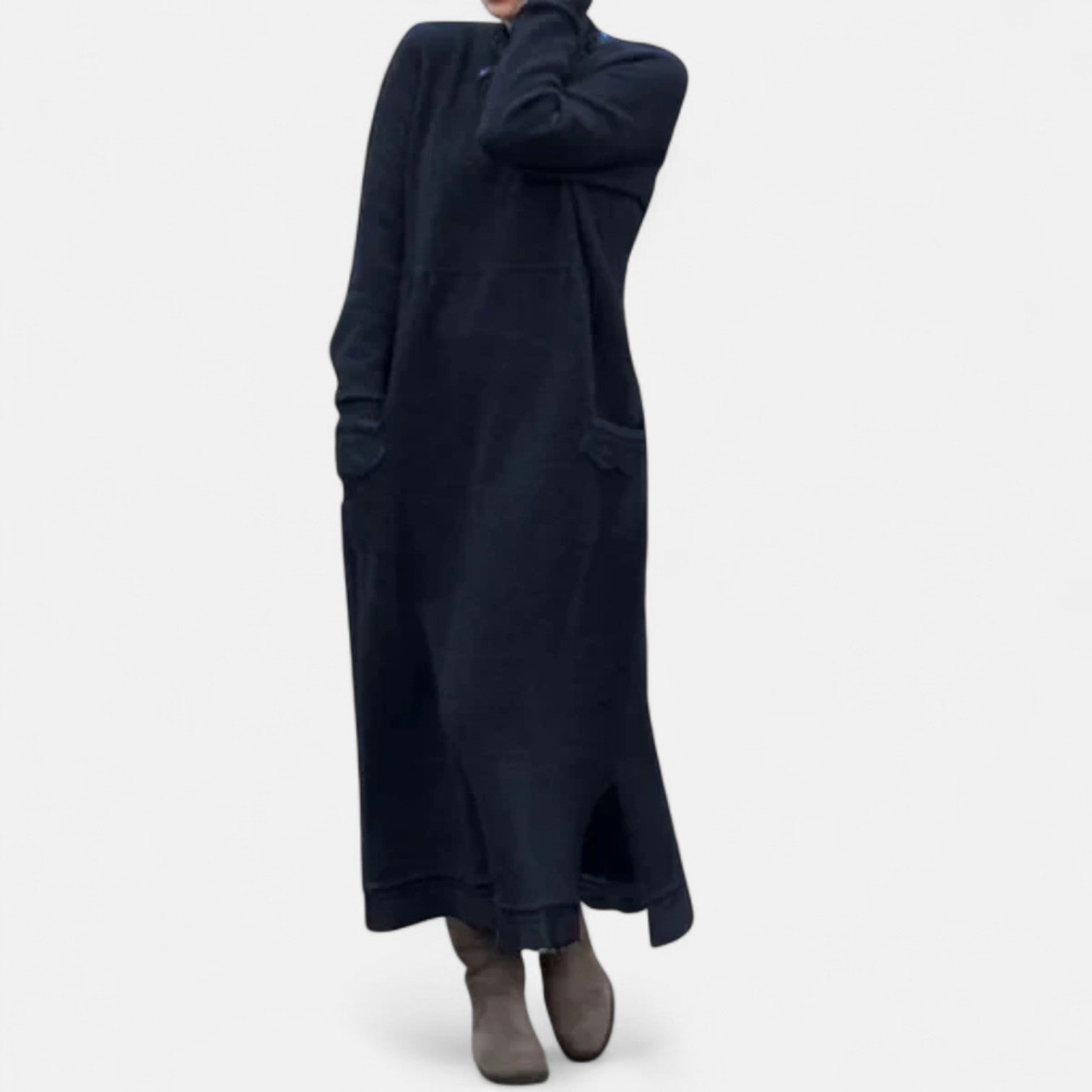 Clancy | Long Knit High-Neck Dress with Pockets Dark Blue, studio photo
