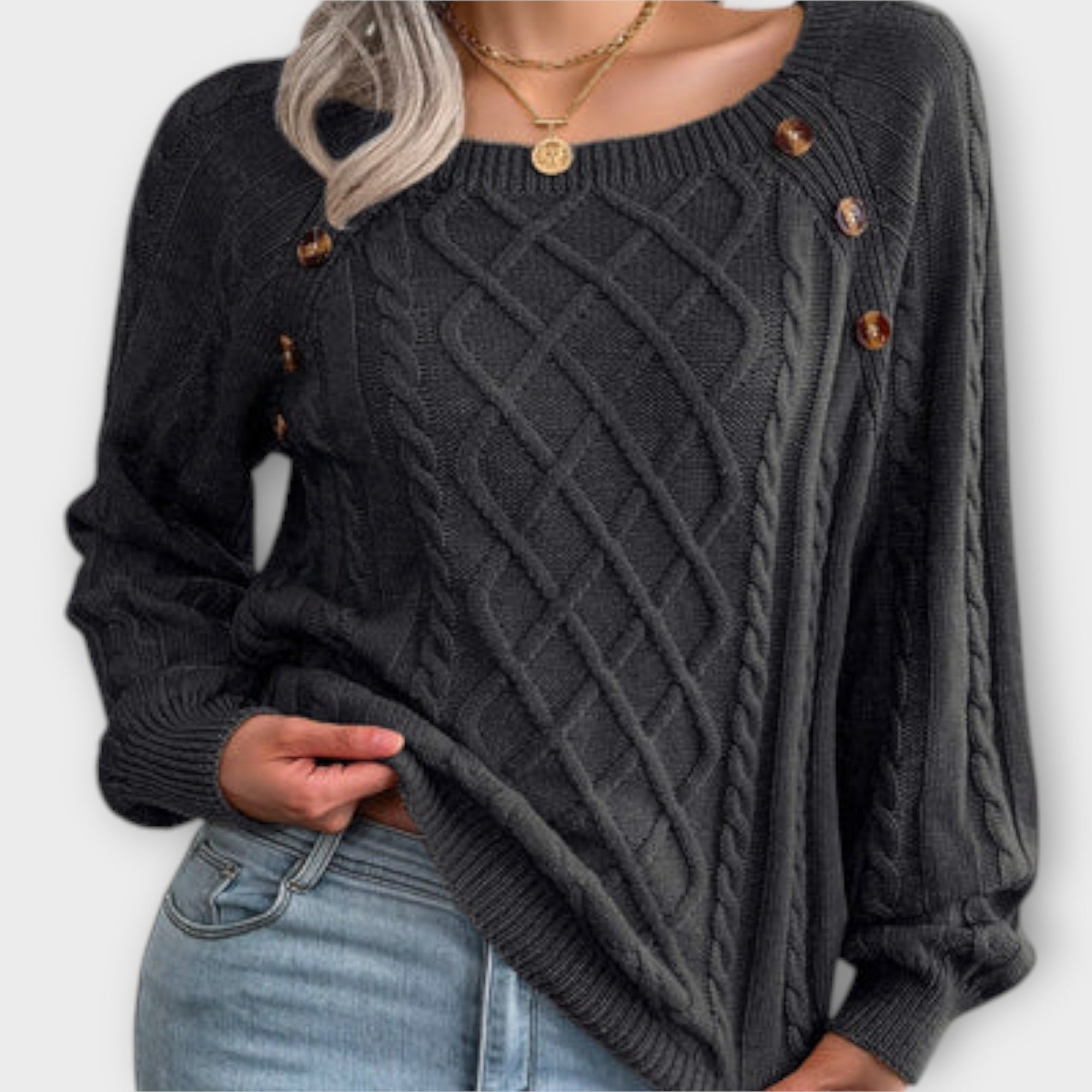 Button Cable Knit Jumper Black, studio photo