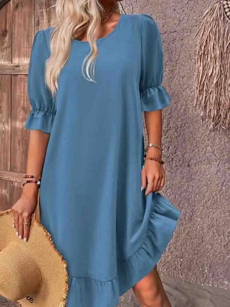 Iona | On-Trend Short Dress Blue, studio photo