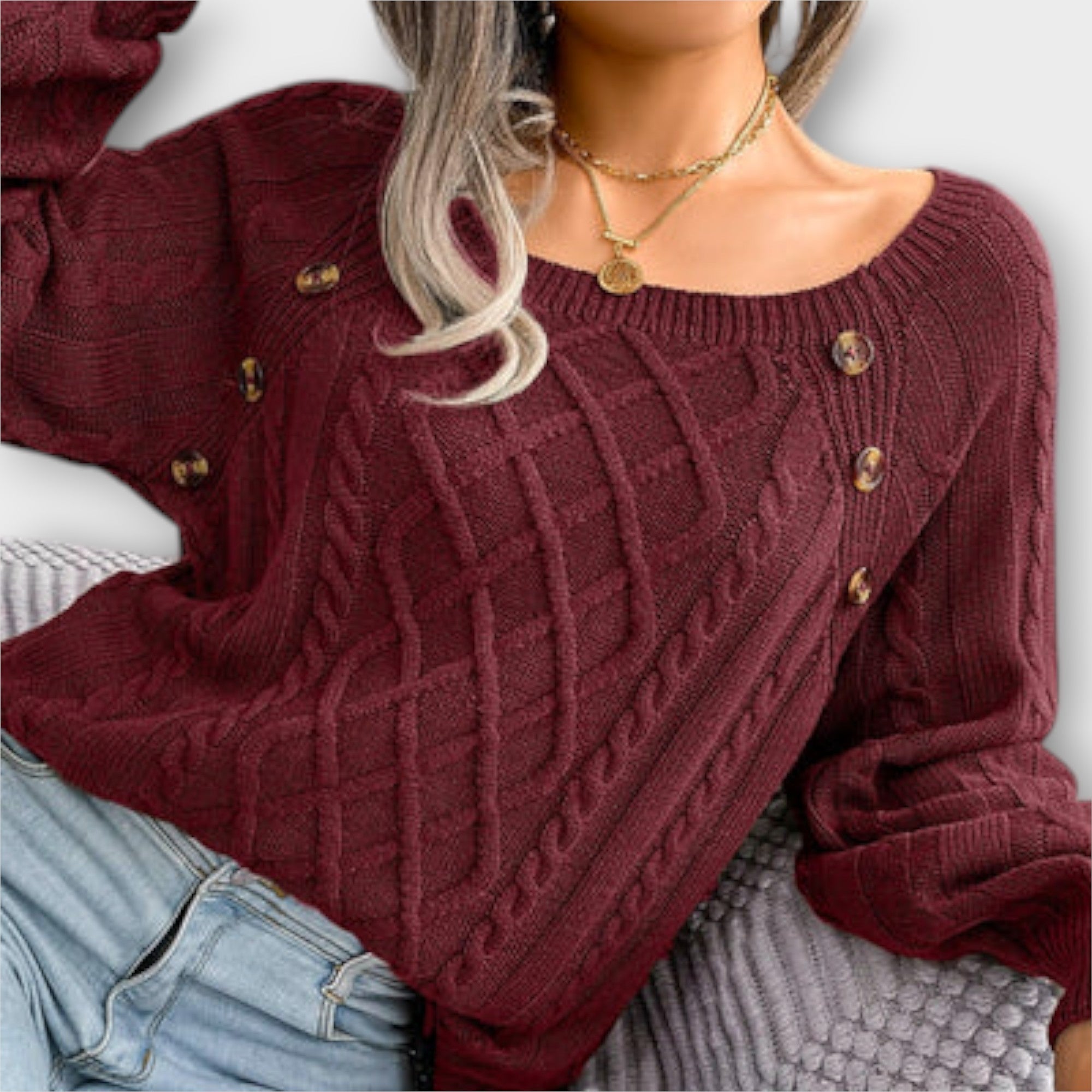 Button Cable Knit Jumper Burgundy, studio photo
