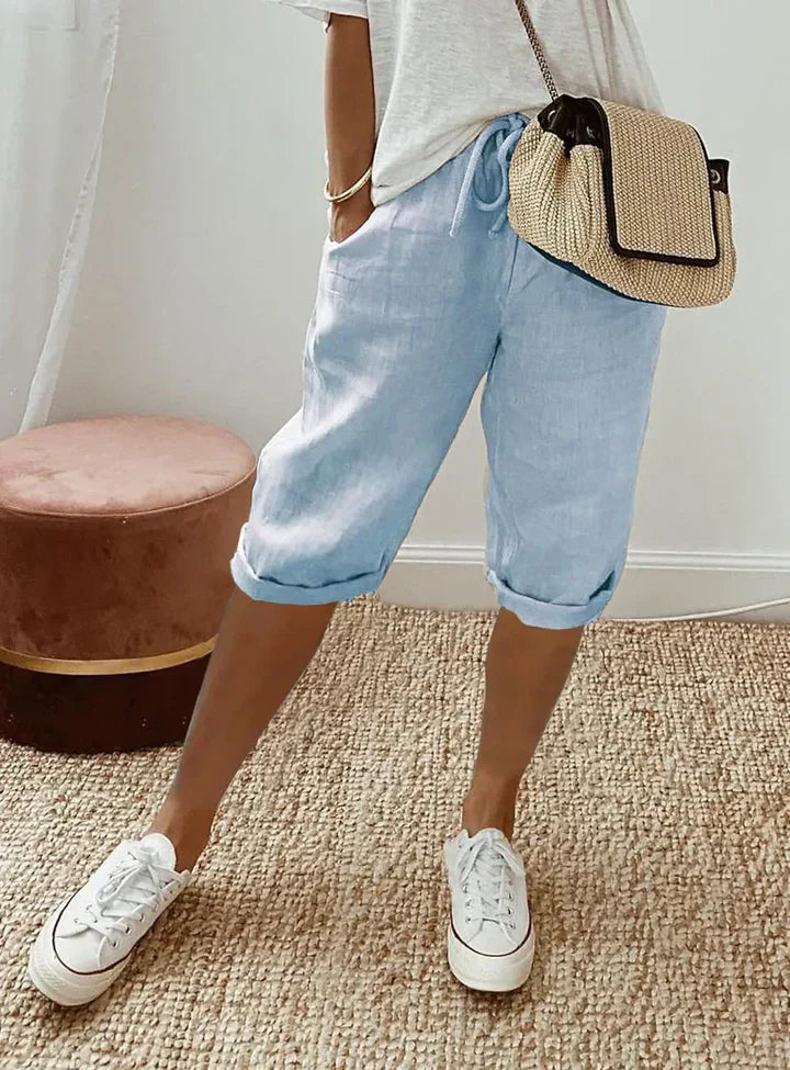 Aleah Elegant Linen-Cotton Trousers Sky Blue, photo studio