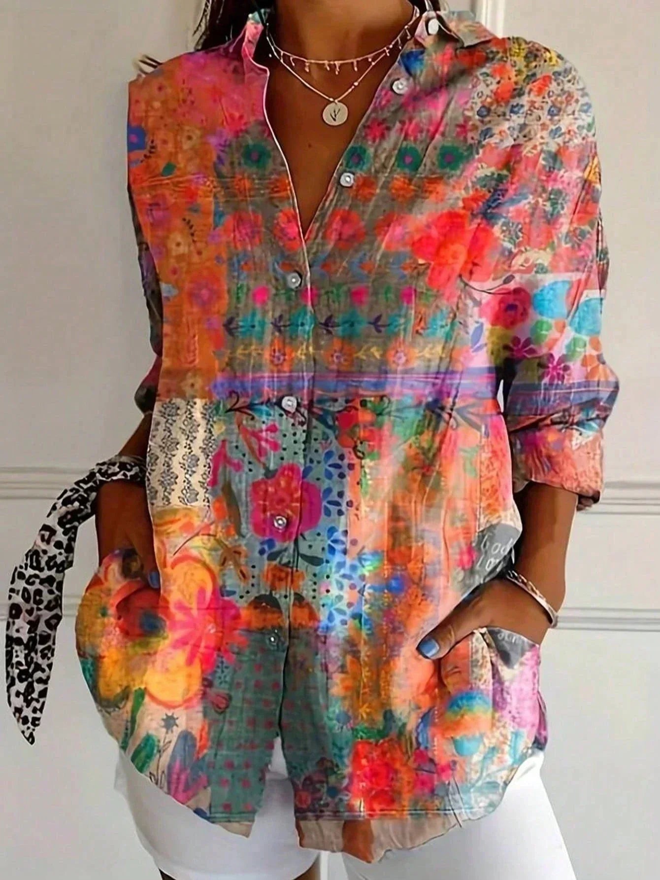 Rowena | Colourful Print Blouse Orange, studio photo