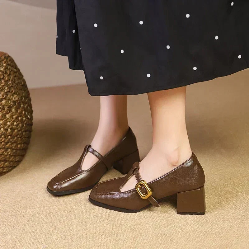 Block-Heel Leather Mary Janes