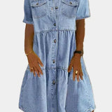 Boho Buttoned Short-Sleeve Denim Dress
