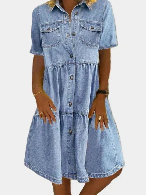 Boho Buttoned Short-Sleeve Denim Dress Blue, studio photo