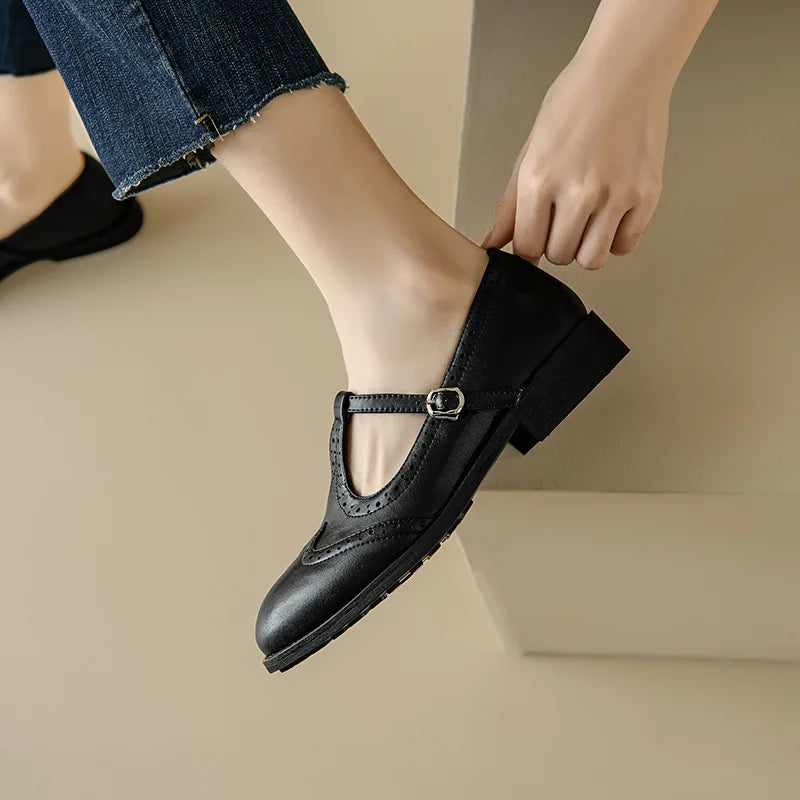 Wingtip Leather T-Bar Shoes