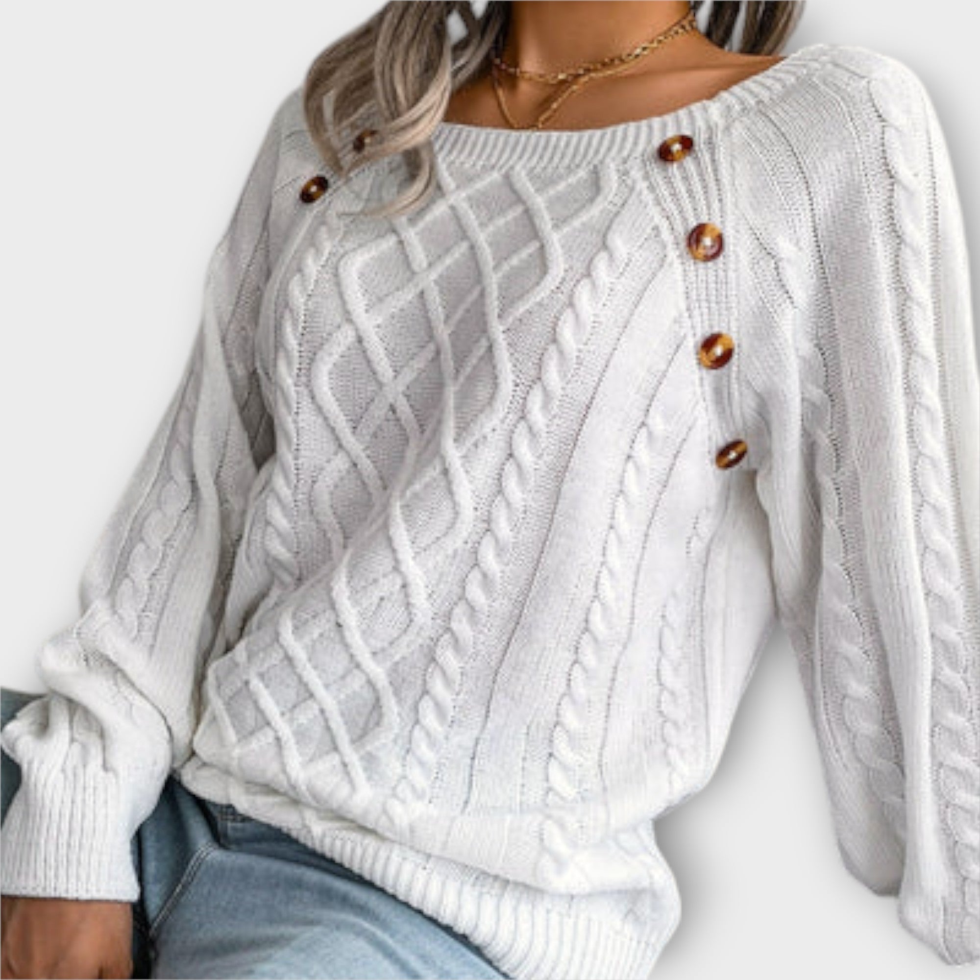 Button Cable Knit Jumper White, studio photo