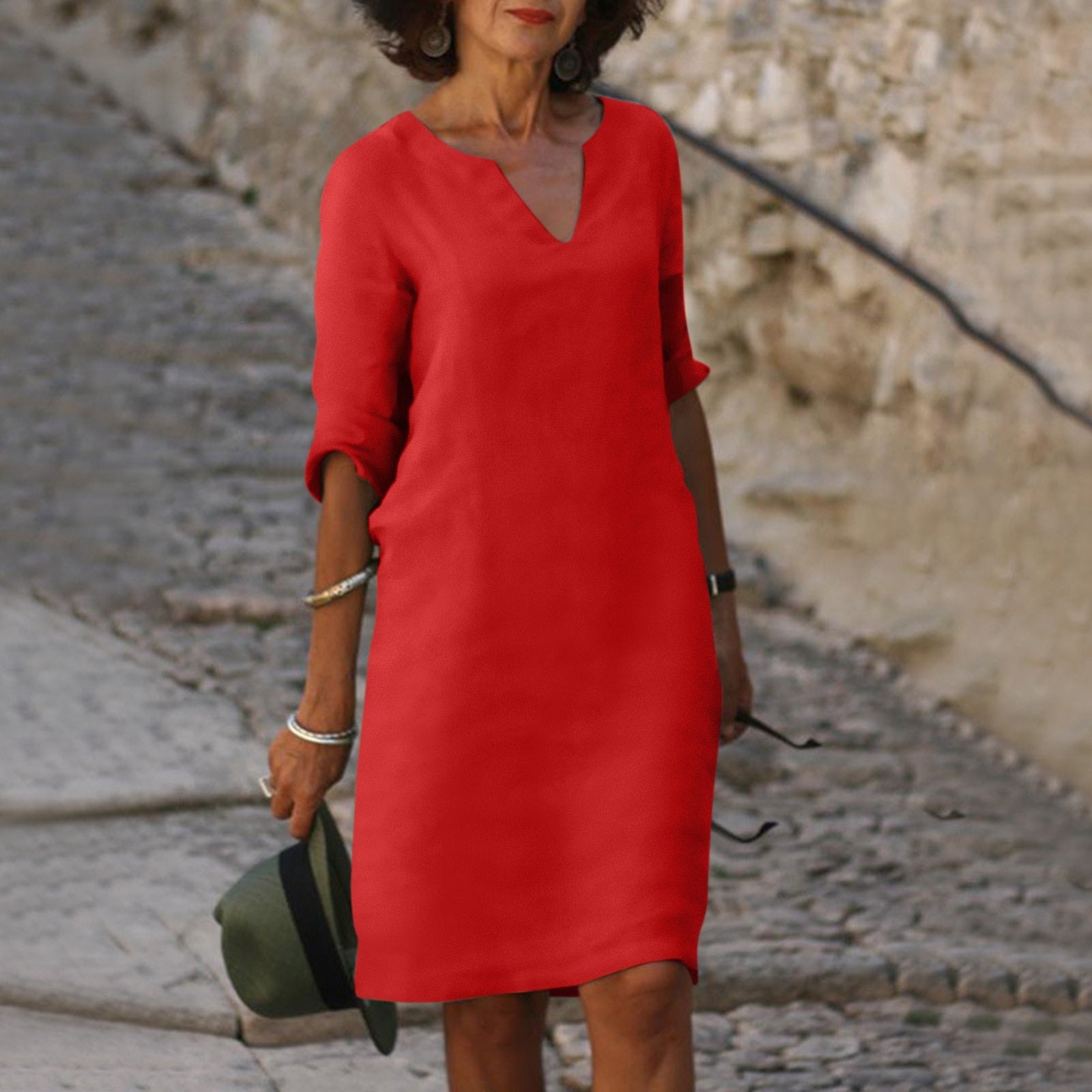 Adela | Flattering V-Neck Dress Red, studio photo