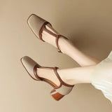 Perforated Leather Heeled T-Bar Shoes