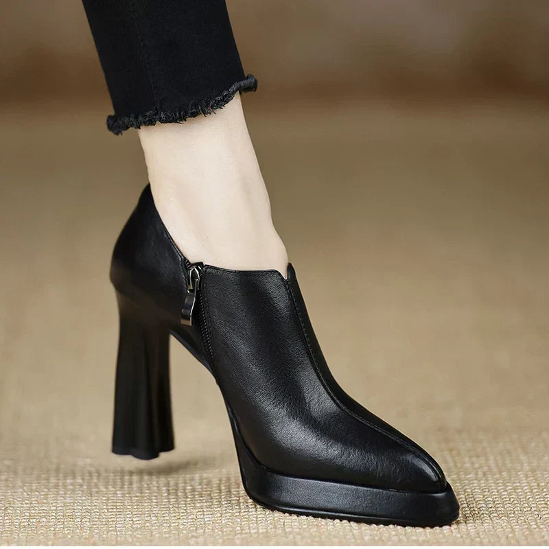 Low Leather Heeled Ankle Boots Black, studio photo