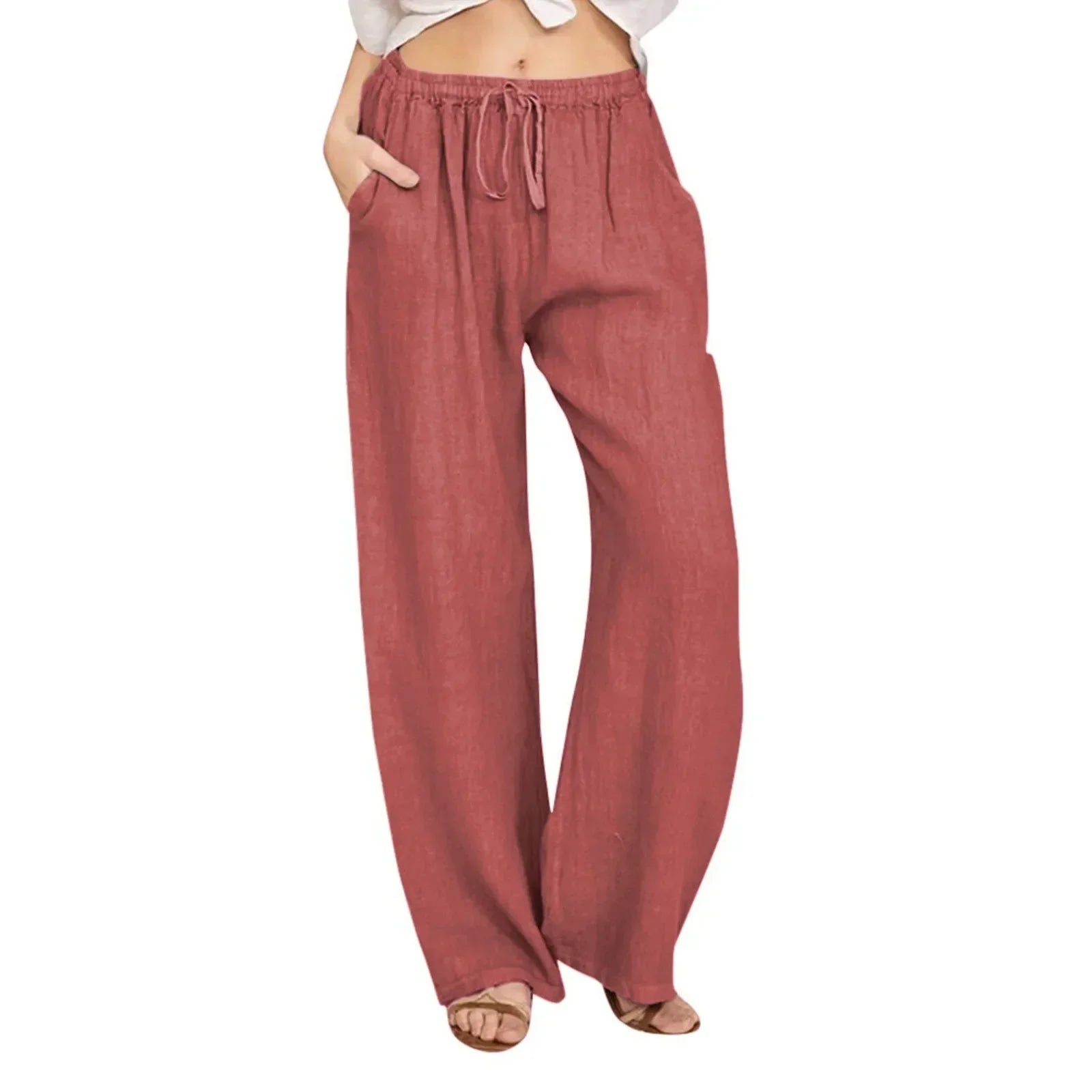Rowyn Comfortable Cotton Linen Pants Wine Red, photo studio