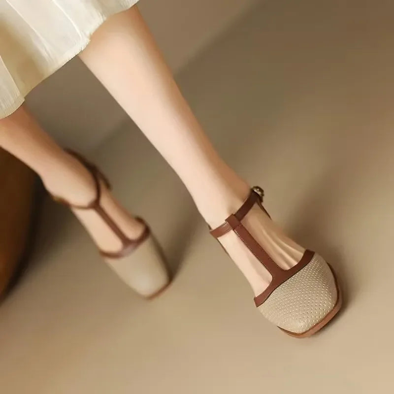Perforated Leather Heeled T-Bar Shoes Beige, studio photo