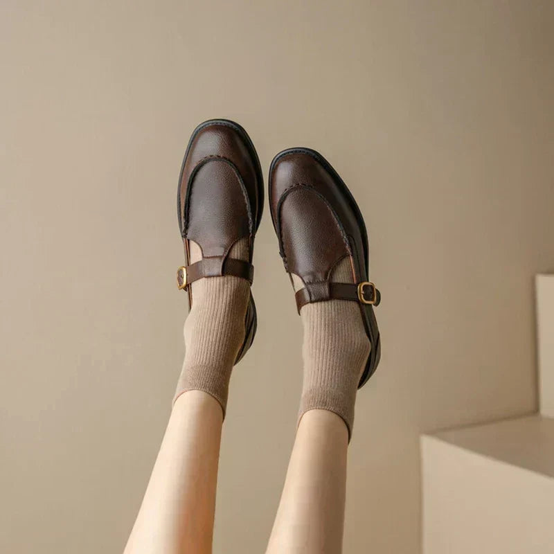 Retro Wide-Strap Leather Mary Janes Brown, studio photo