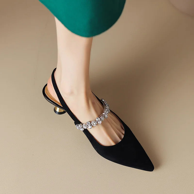 Pointed Rhinestone-Strap Pumps Black, studio photo