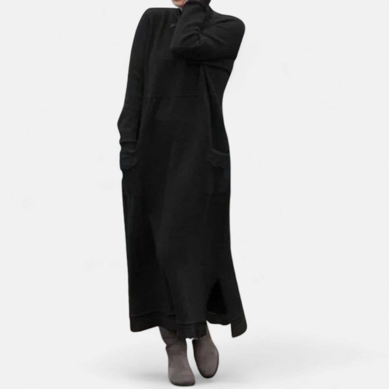 Clancy | Long Knit High-Neck Dress with Pockets Black, studio photo