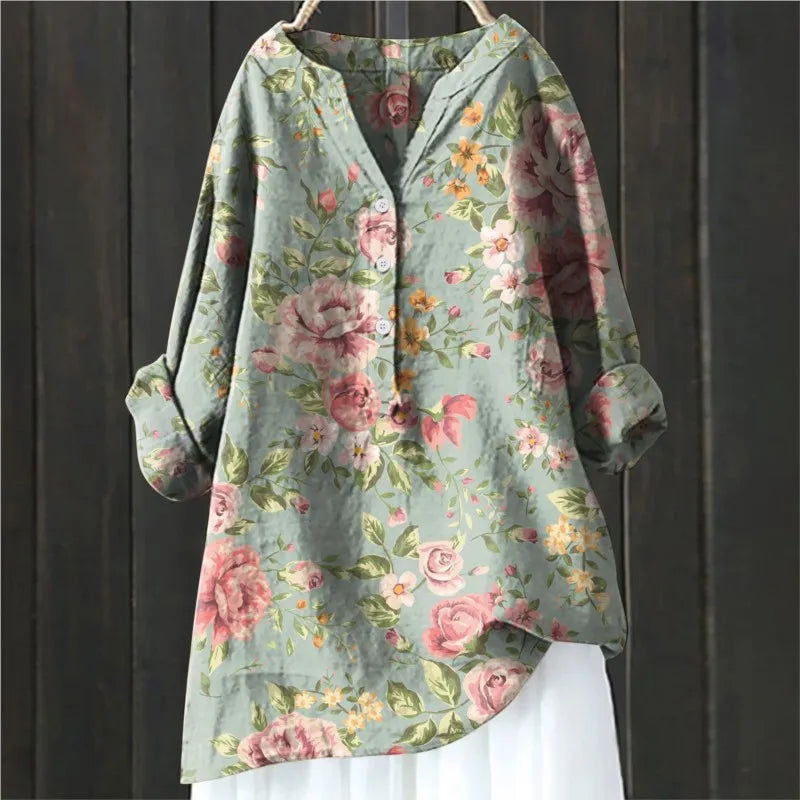 Susannah | Flowy Vintage Floral Blouse Light Green, studio photo