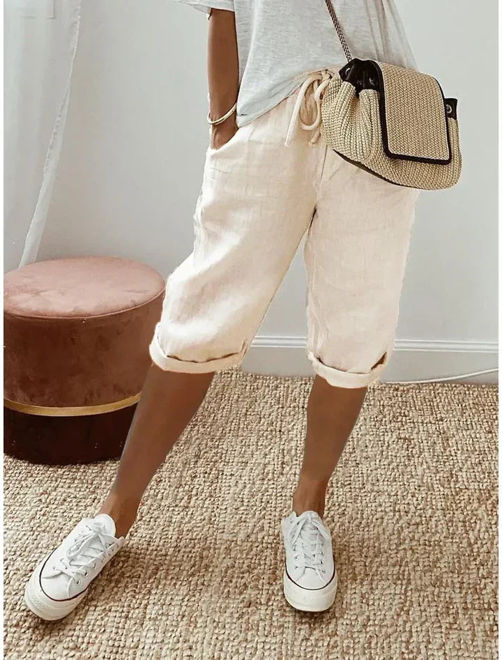 Aleah Elegant Linen-Cotton Trousers Apricot, photo studio