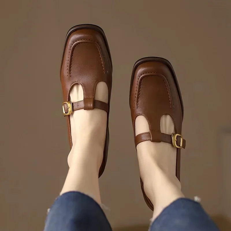 Vintage Square-Toe Leather T-Bar Shoes