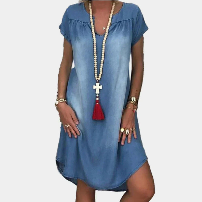 Relaxed Short-Sleeve Denim Summer Dress