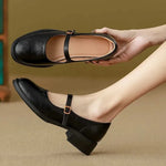 Brown Low-Heel Leather Mary Janes