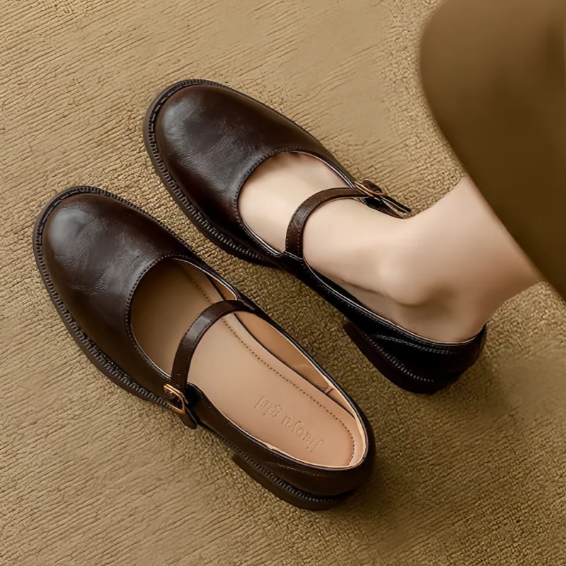 Brown Low-Heel Leather Mary Janes