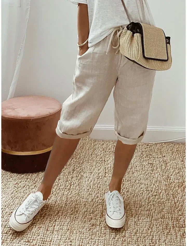 Aleah Elegant Linen-Cotton Trousers Khaki, photo studio
