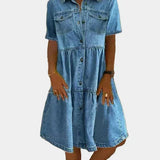 Boho Buttoned Short-Sleeve Denim Dress